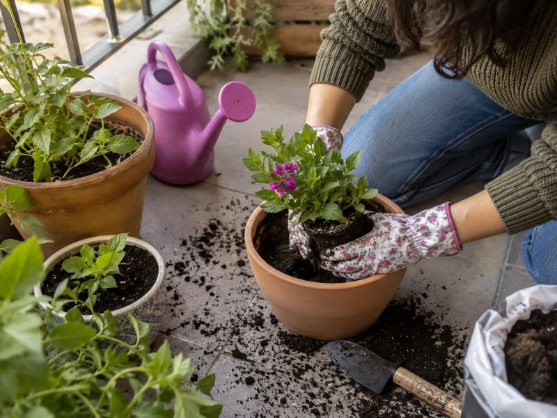 Manos con guantes trasplantando una planta en una maceta