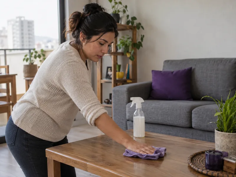 Mujer limpiando la mesa del living con un paño