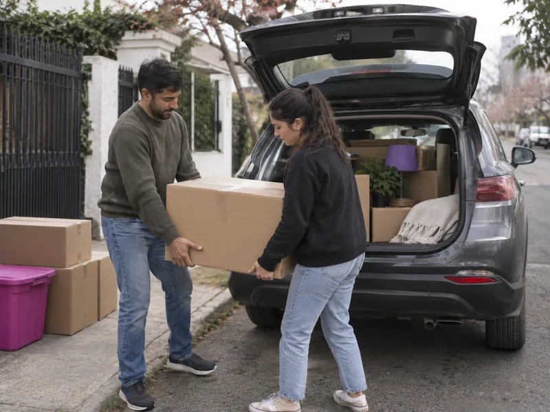 Dos personas bajando una caja del maletero de un auto