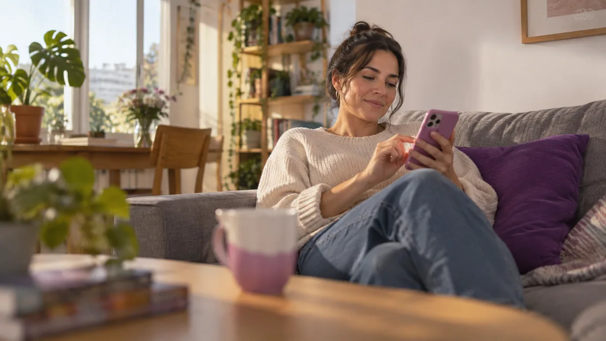 Mujer en el sofá de su living publicando un favor desde el celular
