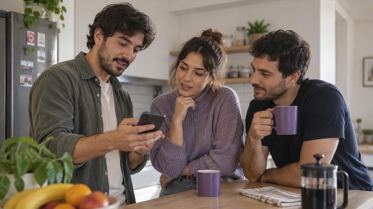 Tres amigos en la cocina mirando un favor en el celular de uno de ellos