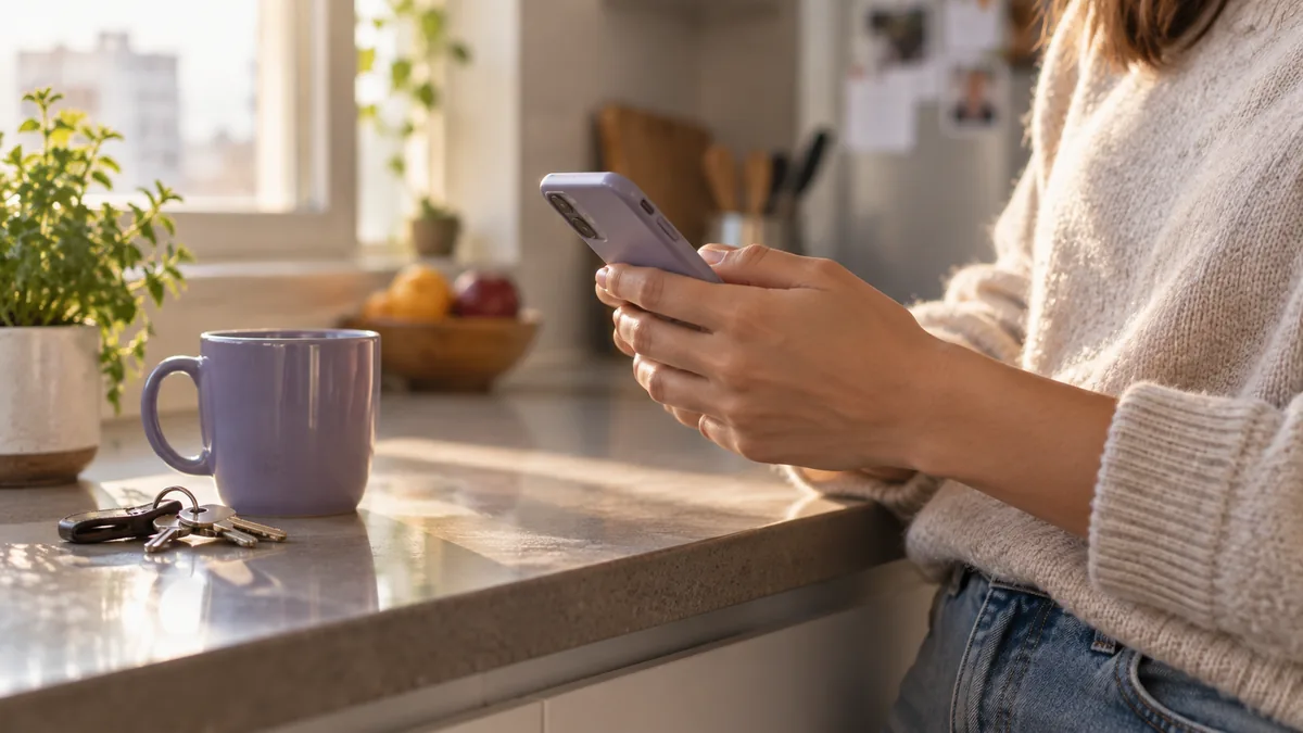 Manos sosteniendo un celular apoyada en el mesón de la cocina